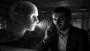 Ein besorgter Mann telefoniert, während ein KI-generiertes, digitales Gesicht mit Schaltkreis-Struktur scheinbar spricht – Symbol für Voice Cloning und Deepfake-Betrug durch generative KI.