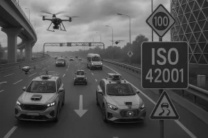 Futuristische Autobahn bei bewölktem Himmel mit autonomen Fahrzeugen und Drohnen, gesteuert von KI-Systemen. Am Straßenrand steht ein Verkehrsschild mit der Aufschrift ‚ISO 42001‘ als Symbol für KI-Regulierung