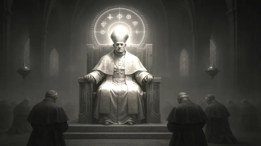 Symbolische Darstellung der Papstwahl kombiniert mit Künstlicher Intelligenz – Illustration zum Thema: Wie AI den nächsten Papst vorhersagt