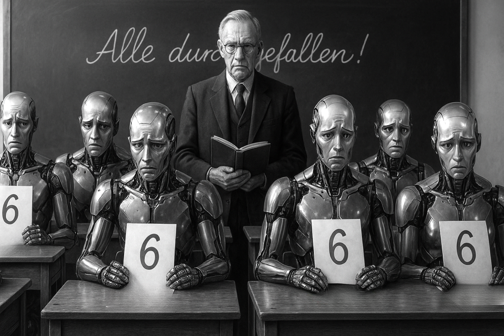 Ein älterer, streng blickender Lehrer steht vor einer Kreidetafel mit der Aufschrift „Alle durchgefallen!“. Vor ihm sitzen sechs humanoide Roboter in einem klassischen Klassenzimmer an Holzpulten. Jeder Roboter wirkt enttäuscht oder verwirrt und hält ein Zeugnisblatt mit der fett gedruckten Note „6“ in den Händen. Die Szene ist in monochromem Schwarz-Weiß gehalten und hyperrealistisch gerendert.