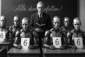 Ein älterer, streng blickender Lehrer steht vor einer Kreidetafel mit der Aufschrift „Alle durchgefallen!“. Vor ihm sitzen sechs humanoide Roboter in einem klassischen Klassenzimmer an Holzpulten. Jeder Roboter wirkt enttäuscht oder verwirrt und hält ein Zeugnisblatt mit der fett gedruckten Note „6“ in den Händen. Die Szene ist in monochromem Schwarz-Weiß gehalten und hyperrealistisch gerendert.