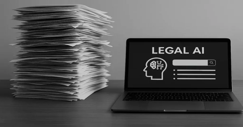 Papierstapel neben Laptop mit Legal AI Interface zur Vertragsanalyse